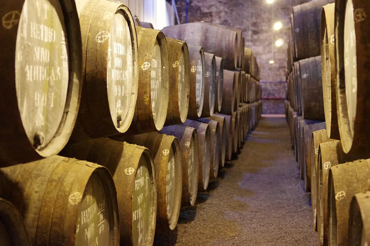 Rows of port wine barrels stacked in a Gaia cellar